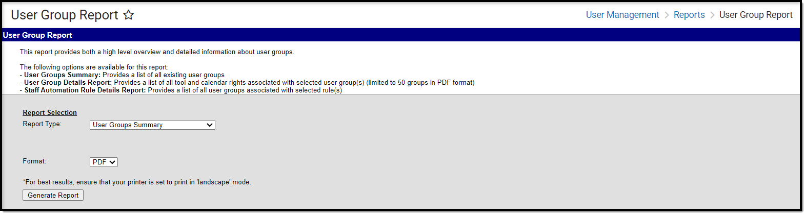 screenshot of the user group report