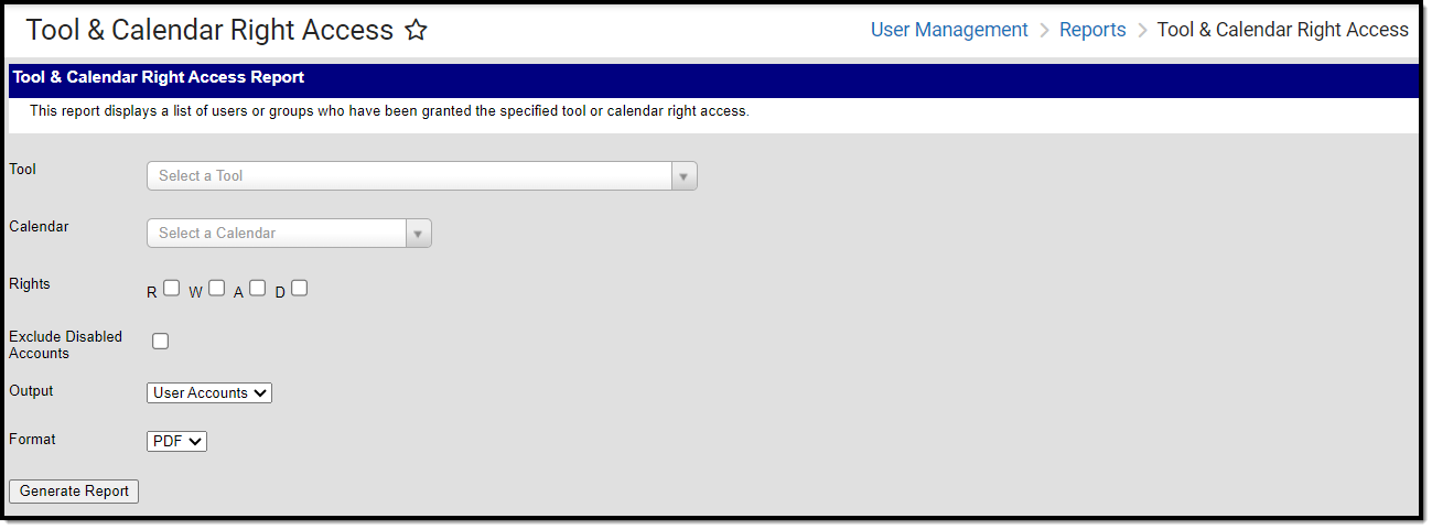 screenshot of the tool and calendar right access tool