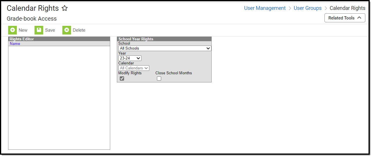 screenshot of the user group calendar rights tool