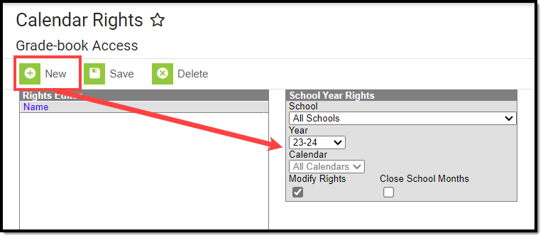 screenshot of the new button highlighted and the school year rights editor appearing