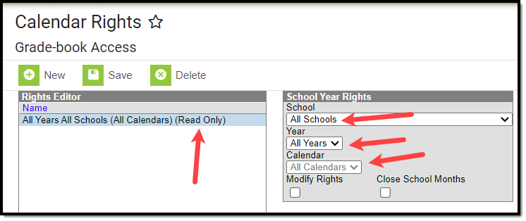 screenshot showing read only access to all schools, all years, and all calendars