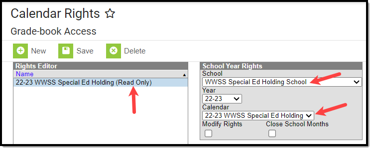 screenshot showing read only rights to a specific school and calendar