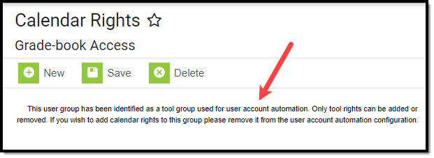 screenshot indicating a user group cannot be modified was its part of user account automation