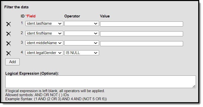 Screenshot of the filter parameters screen where the ident.legalGender parameter is set to 