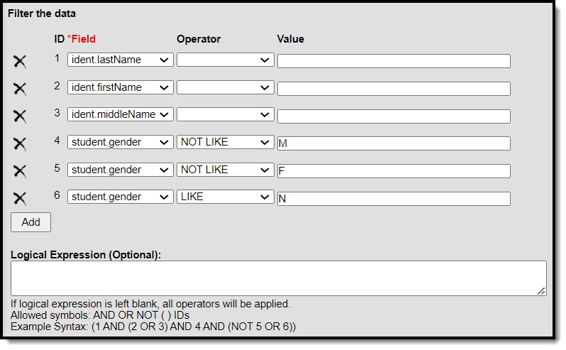 Screenshot of the filter parameters screen where the gender parameters are NOT LIKE M and NOT LIKE F as well as LIKE N.