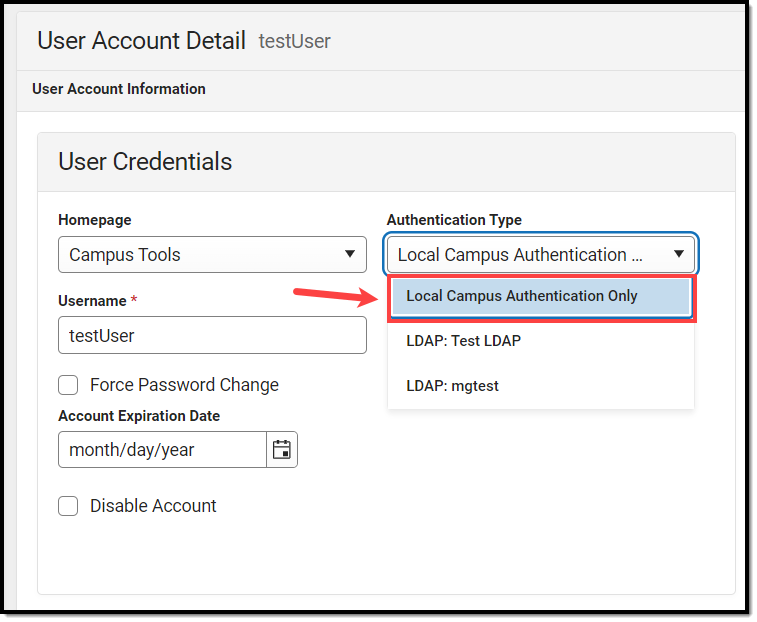screenshot of the local campus authentication only value