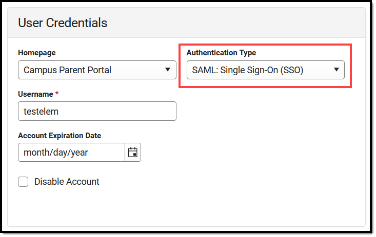 screenshot of the authentication type showing SAML