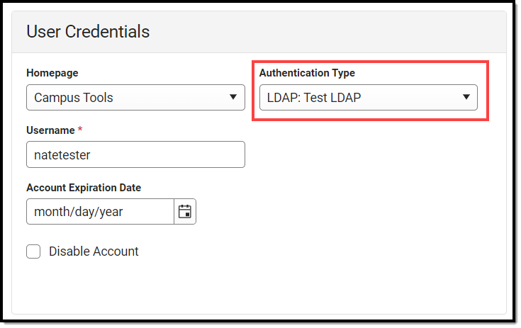 screenshot of the LDAP authentication type selected