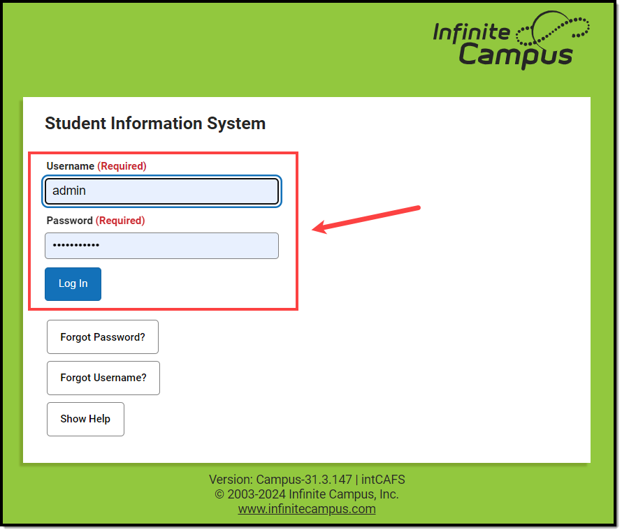 screenshot of the campus login screen
