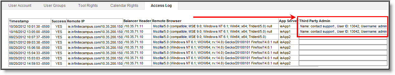 screenshot highlighting the third party admin column of the access log