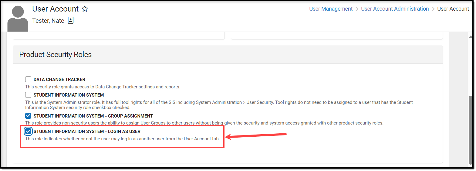 screenshot of the login as user product security role
