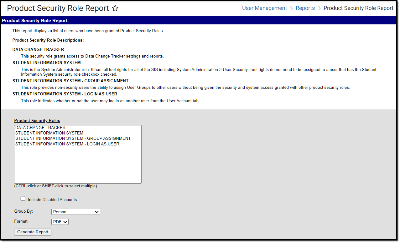 screenshot of the product security role report