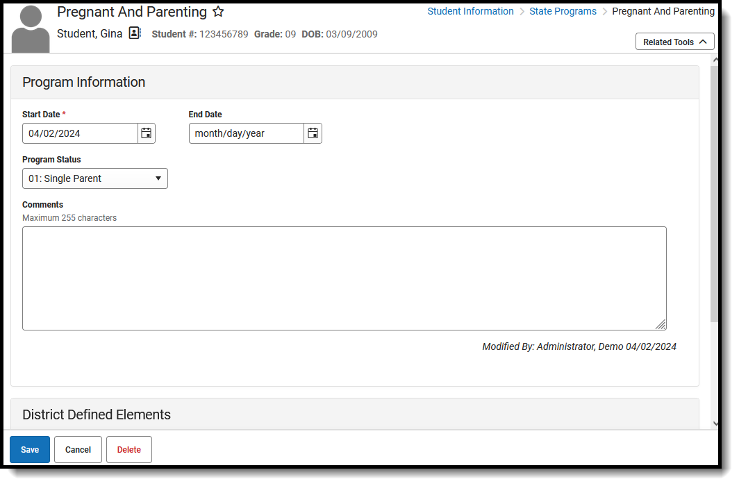 Screenshot of the Pregnang and Parenting tool, located at STudent Information, State Programs