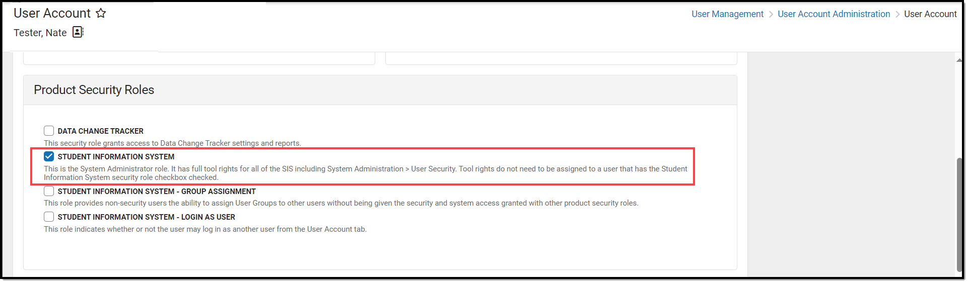 screenshot of the Student Information System product security role highlighted