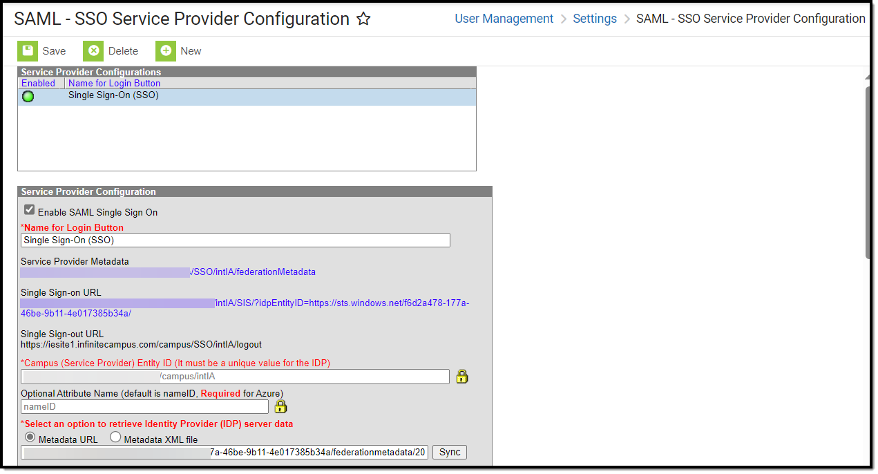 screenshot of the SAML sso service provider tool