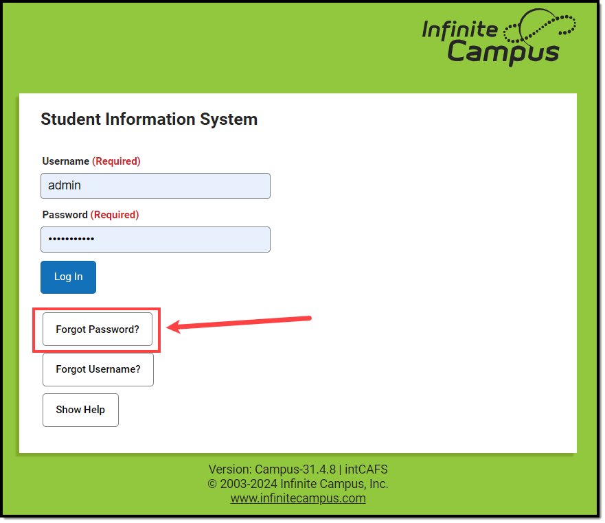 screenshot of the forgot your password field highlighted on the campus login screen