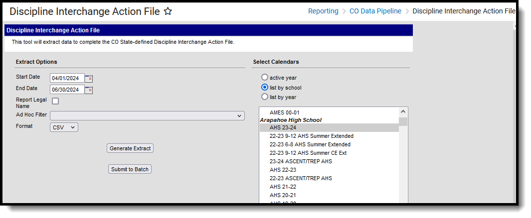 Screenshot of the Discipline Interchange Action File, located at REporting, CO Data Pipeline. 