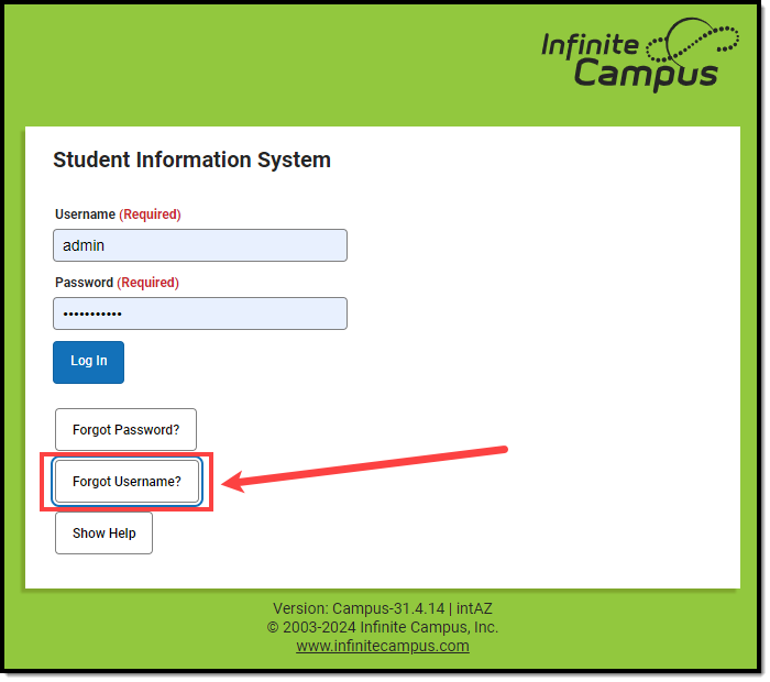 screenshot of the Forgot Username field highlighted on the Campus login page