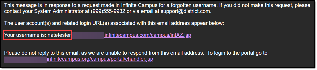 screenshot of the email notifying the user of their Infinite Campus username