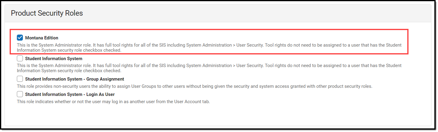 screenshot of the Montana Edition product security role