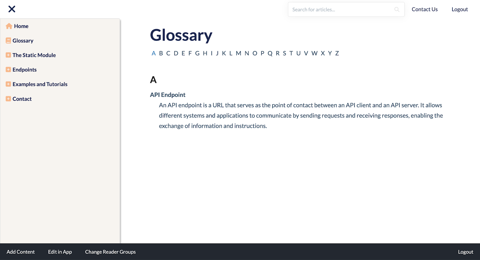 A screenshot of the Glossary in a knowledge base that was created with KnowledgeOwl.
