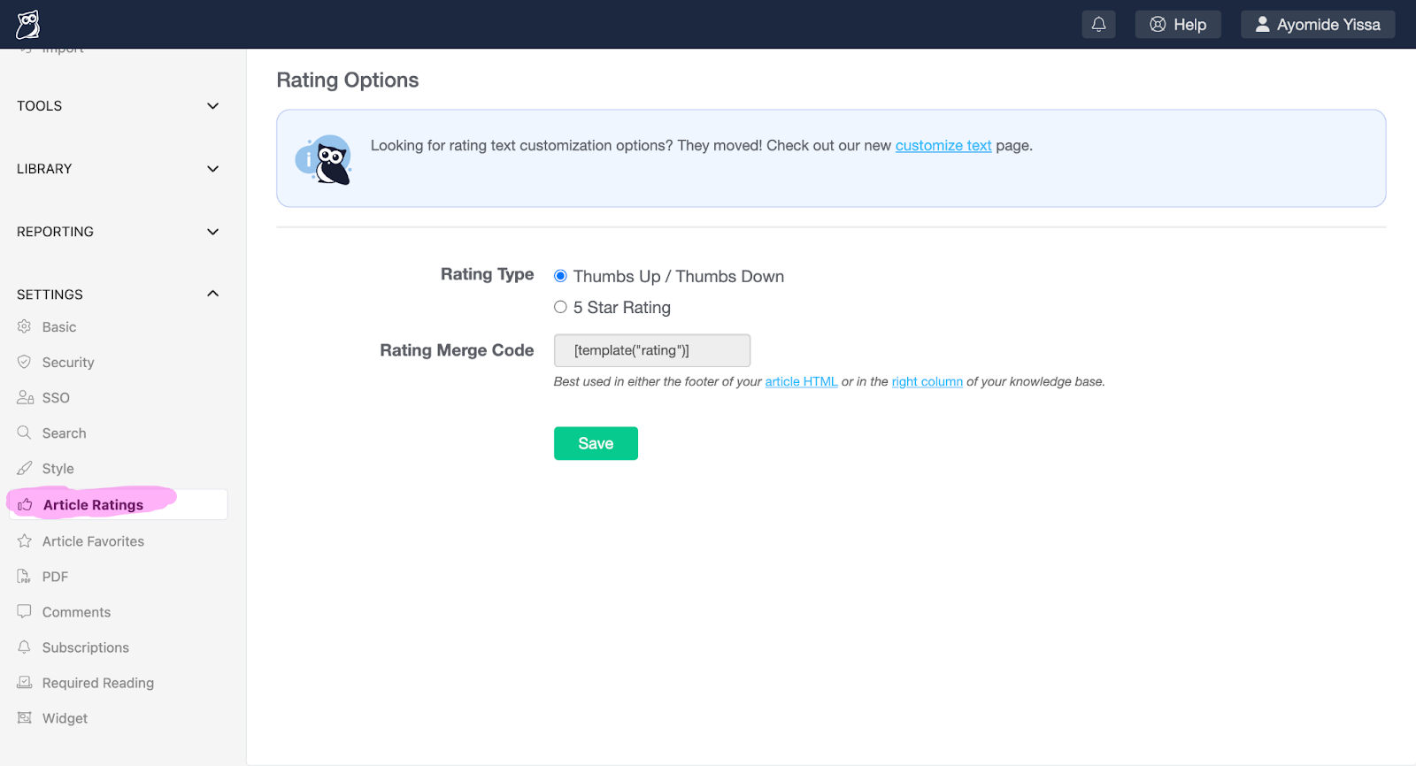 A screenshot of KnowledgeOwl's Article Ratings settings page.