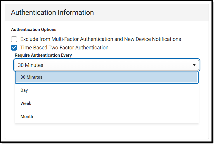 screenshot of selecting the authentication time requirement
