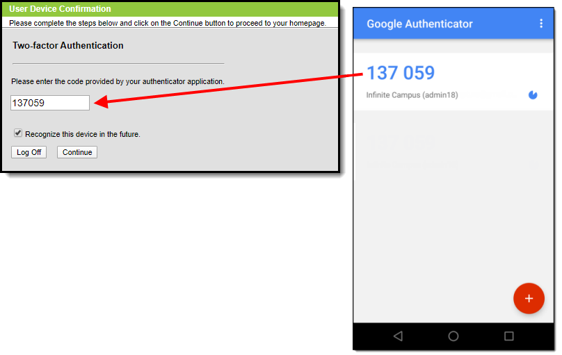 screenshot showing where the authentication code should be inserted into Infinite Campus
