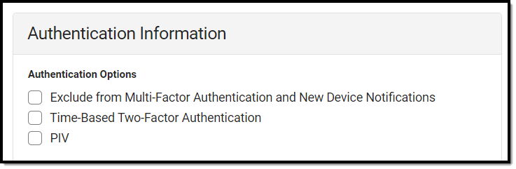 screenshot of the authentication information section
