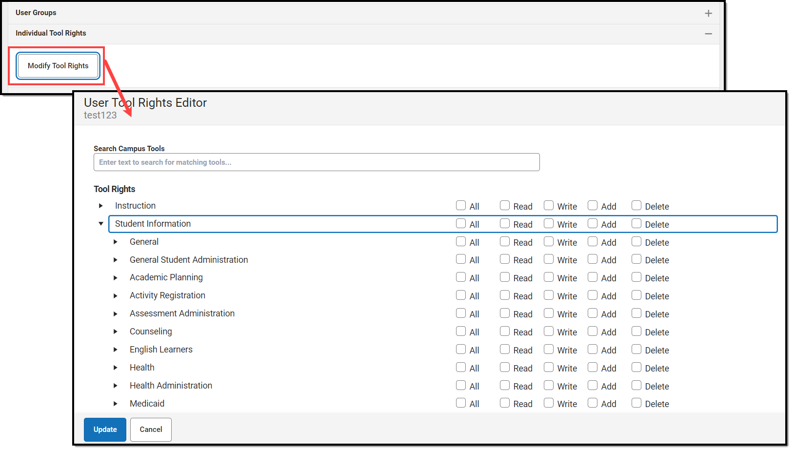screenshot of the user tool rights editor