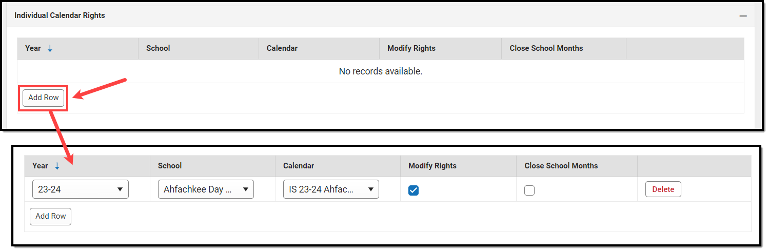 screenshot of the Add row highlighted and the calendar rights fields appearing