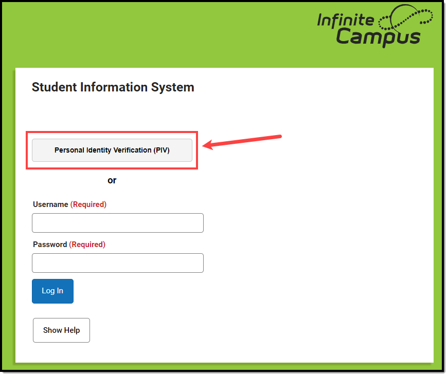 screenshot of the PIV button on the campus login screen