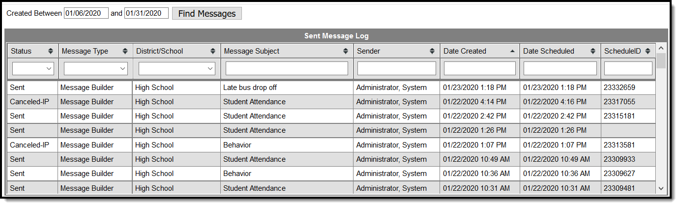screenshot of the sent message log
