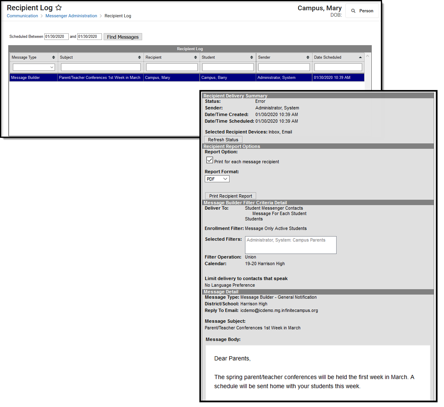 screenshot of the recipient log