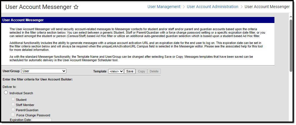 screenshot of the user account messenger tool