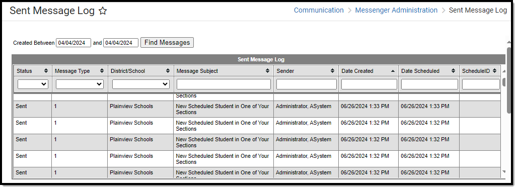 screenshot of the sent message log