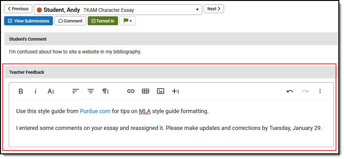 Screenshot highlighting teacher feedback as entered in the submission scoring screen.  