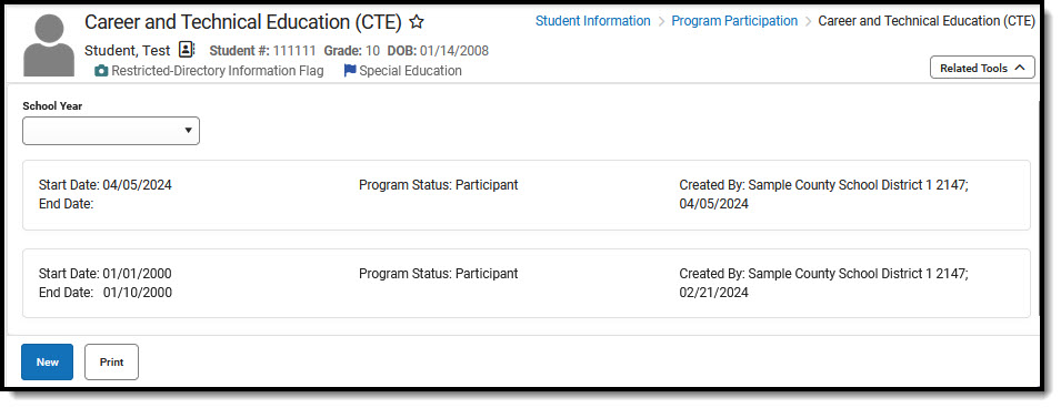 Screenshot of Career and Technical Education tool with list of saved records.
