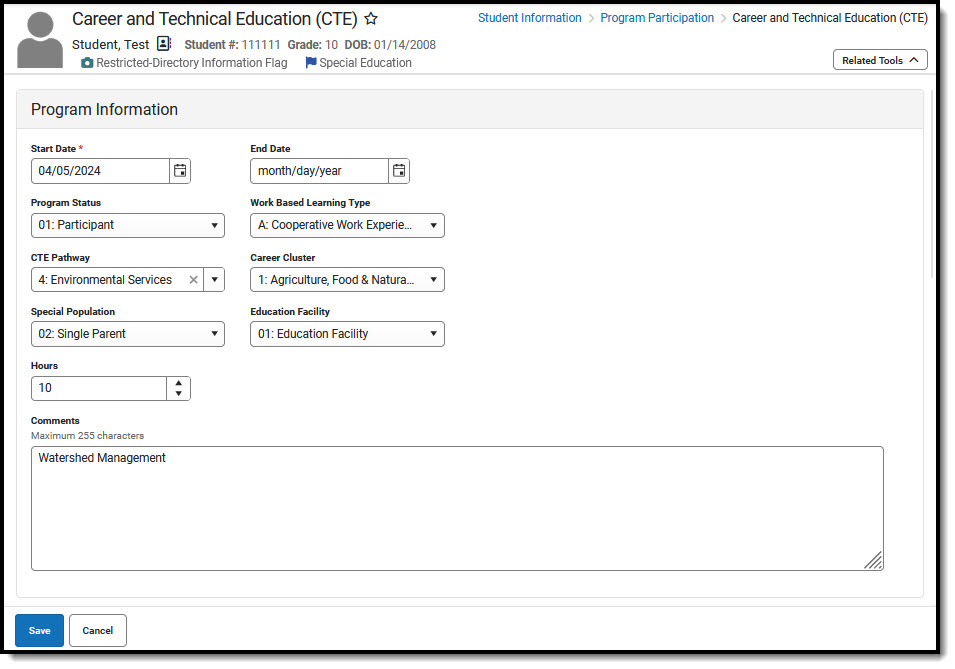 Screenshot of CTE Program Information Editor with available fields displaying.