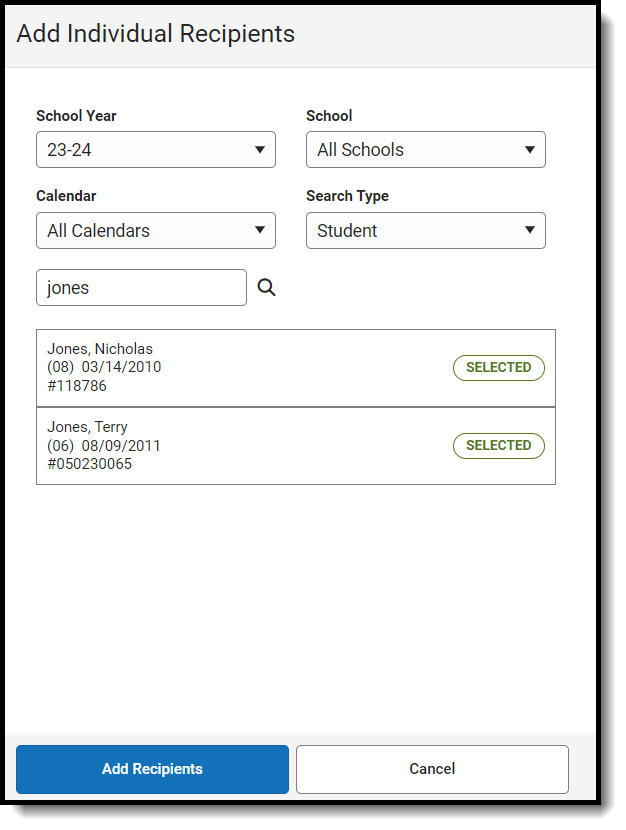 Screenshot of Add individual recipients side panel.