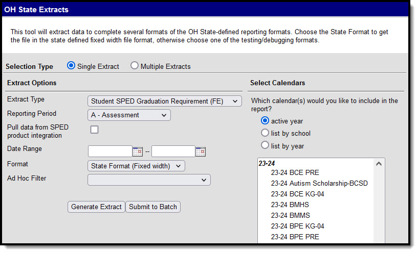 Screenshot of the Ohio Student SPED Graduation Requirement (FE) Extract Editor