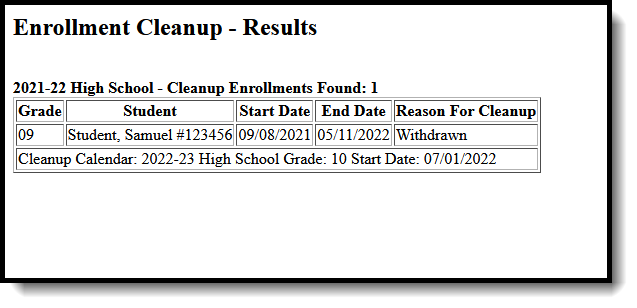 Screenshot of a summary of Enrollment Cleanups