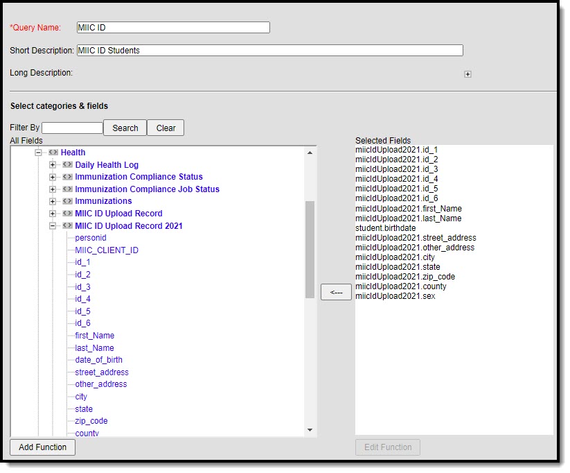 Screenshot of the Filter Designer tool with the MIIC ID fields selected.