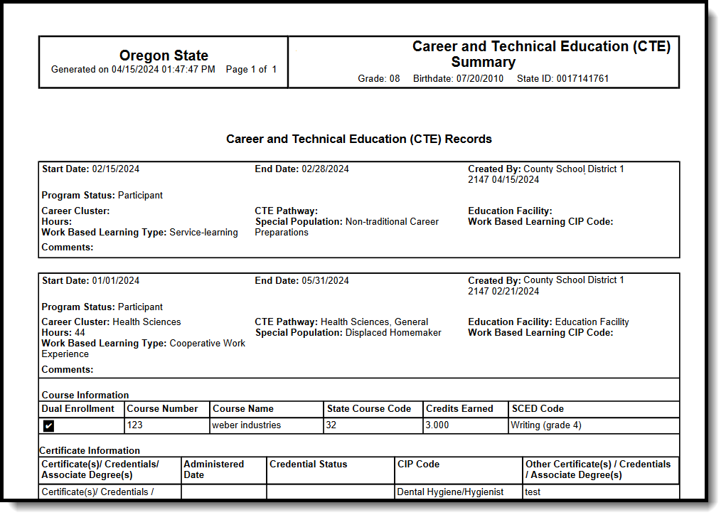 Screenshot of the Print Summary Report for the student's CTE record(s). 
