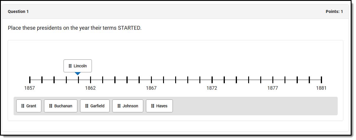 Screenshot of an example of a number line question, with presidents placed by term start year. 
