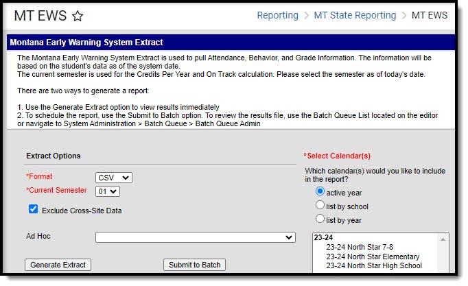 Screenshot of the Montana Early Warning System Extract editor screen.