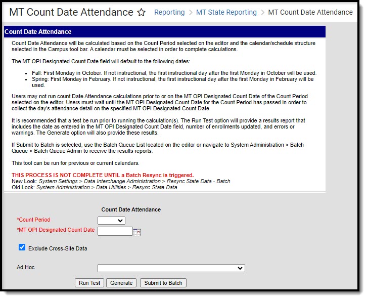 Screenshot of the MT Count Date Attendance extract editor.