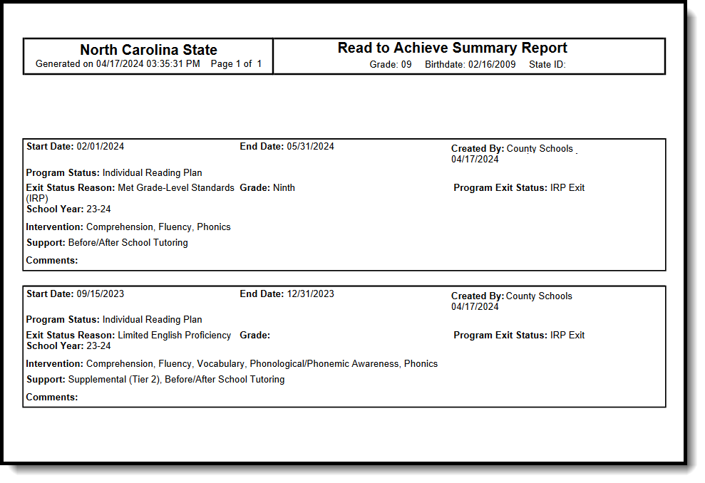 Screenshot of the Read to Achieve Print Summary Report. 