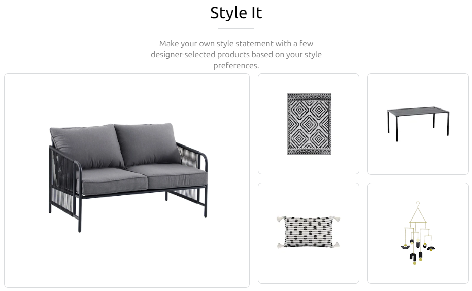 An example of a Dynamic Bundle action. The context item is a gray loveseat. The recommended products include a rug with a black and white geometric pattern; a rectangular pillow that is white with small black squares; a coffee table with a gray slate tabletop; and a hanging mobile with multiple black and gold geometric shapes.