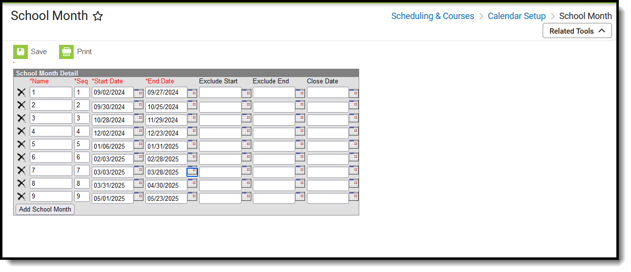Screenshot of the School Months tool, located at Scheduling & Courses, Calendar Setup, School Months. 
